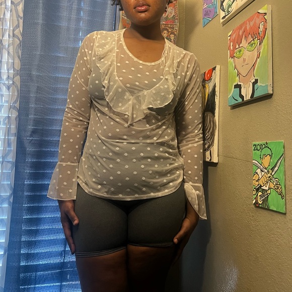 Ambiance| White mesh ruffled long sleeve top - Picture 1 of 5